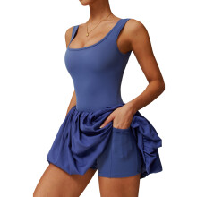 Womens Bubble Tennis Dress Squre Neck Sleeveless Workout Athletic Dresses Build in Shorts with Pockets S