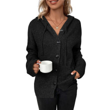 Women'S Casual Cardigan V Neck Button Down Hooded Sweaters Long Sleeve Hoodies Outfits Black XL