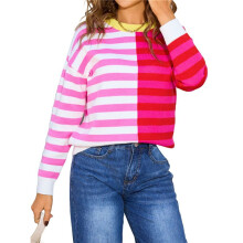 Women'S Crewneck Color Clock Striped Cable Knit Sweaters for Trendy Fall Outfits Rose Red S