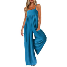 Jumpsuits für Damen, Spaghettiträger, Weites Bein, Einteiliger Overall, Sommer-Strampler mit Taschen Blau S