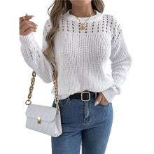 Womens Crochet Hollow Out Sweater Top Long Sleeve Crew Neck Knit Pullover Fall Casual Winter Shirt White S