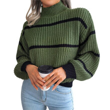Womens Mock Neck Striped Chunky Knitted Sweater Winter Long Sleeve Pullover Sweaters Tops Army Green L