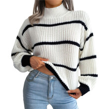 Womens Mock Neck Striped Chunky Knitted Sweater Winter Long Sleeve Pullover Sweaters Tops White M
