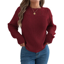 Womens Crochet Hollow Out Sweater Top Long Sleeve Crew Neck Knit Pullover Fall Casual Winter Shirt Wine Red XL