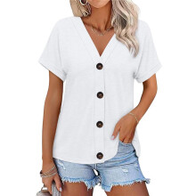 Women'S Short Sleeve V Neck Tops Casual Button Down Summer T Shirts Basic Ladies Tees White XXL