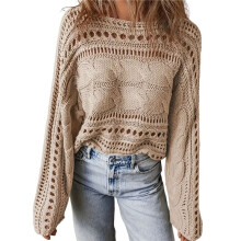 Fall Sweaters Round Neck Crochet Hollow Out Cute Winter Pullover Sweaters for Women Trendy 2025 Apricot S
