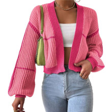 Women'S Color Block Crop Cardigan Top Long Sleeve Open Front Sweater Peach Color Style S