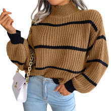 Womens Mock Neck Striped Chunky Knitted Sweater Winter Long Sleeve Pullover Sweaters Tops Khaki S