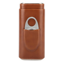 PU Leather Cigarette and Cigar Humidor Case Brown with Built‑in Scissors and Keychain Attachment