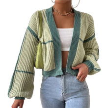 Women'S Color Block Crop Cardigan Top Long Sleeve Open Front Sweater Matcha Color Style S