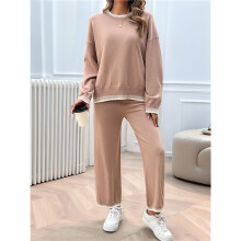 Women'S 2 Piece Knit Sweater Outfit Casual Long Sleeve Pullover Wide Leg Pants Tracksuit Loungewear Set L