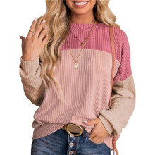 Womens Fashion Color Block Long Sleeve Crewneck Knitted Casual Loose Pullover Shirts Tops M