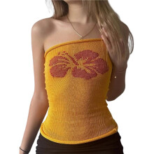 Women'S Floral Print Strapless Tube Top Y2k Summer Knitted Bandeau Crop Tops Gold S