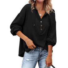 Women'S Button Down Hoodie Button Sweatshirts Tops with Drawstring V Neck Long Sleeve Henley Shirts Black XL