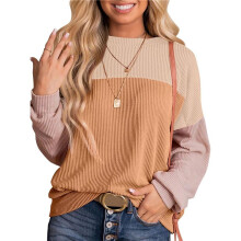 Womens Fashion Color Block Long Sleeve Crewneck Knitted Casual Loose Pullover Shirts Tops Light Khaki L