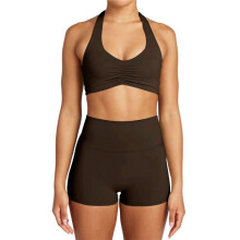 Workout Sets for Women 2 Piece Wrinkles Halter Sports Bras High Waist Biker Shorts Exercise Gym Yoga Outfit Brown S