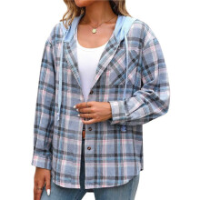 Women'S -Plaid Hoodie Long Sleeve Jacket Button Drawstring Casual Fall Shirts with Pocket L