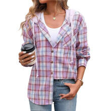 Women'S -Plaid Hoodie Long Sleeve Jacket Button Drawstring Casual Fall Shirts with Pocket XL