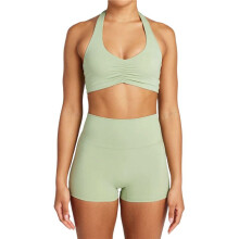 Workout Sets for Women 2 Piece Wrinkles Halter Sports Bras High Waist Biker Shorts Exercise Yoga Outfit Light Green S