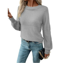 Womens Sweaters Casual Crew Neck Tops Long Sleeve Ribbed Knit Solid Pullover Dark Gray M