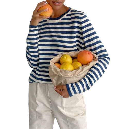 Womens Striped Soft Knit Pullover Sweater Loose Fit Shirts  M