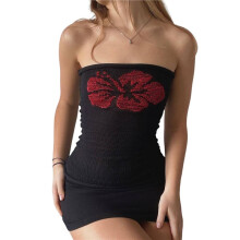 Women'S Floral Print Strapless Tube Top Y2k Summer Knitted Bandeau Crop Tops Black M