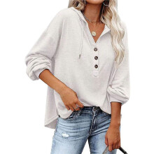 Women'S Button Down Hoodie Button Sweatshirts Tops with Drawstring V Neck Long Sleeve Henley Shirts White M