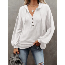 Women'S Button Down Hoodie Button Sweatshirts Tops with Drawstring V Neck Long Sleeve Henley Shirts White L