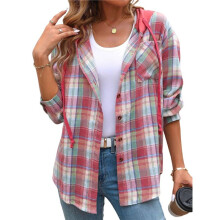 Women'S -Plaid Hoodie Long Sleeve Jacket Button Drawstring Casual Fall Shirts with Pocket Red L