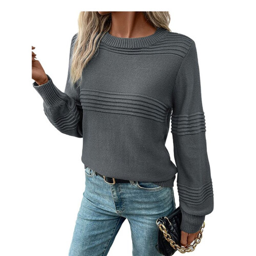 Womens Sweaters Casual Crew Neck Tops Long Sleeve Ribbed Knit Solid Pullover Navy  M