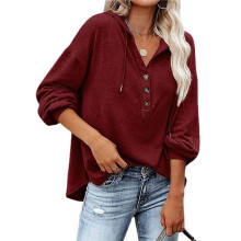 Women'S Button Down Hoodie Button Sweatshirts Tops with Drawstring V Neck Long Sleeve Henley Shirts Wine Red M