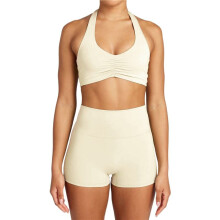 Workout Sets for Women 2 Piece Wrinkles Halter Sports Bras High Waist Biker Shorts Exercise Gym Yoga Outfit Apricot M