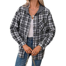Women'S -Plaid Hoodie Long Sleeve Jacket Button Drawstring Casual Fall Shirts with Pocket Black XXL