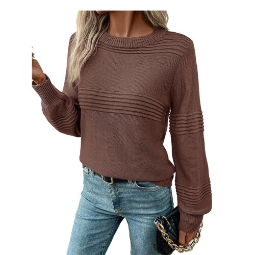 Womens Sweaters Casual Crew Neck Tops Long Sleeve Ribbed Knit Solid Pullover Coffee Brown M