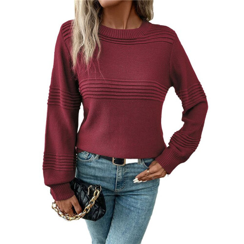 Womens Sweaters Casual Crew Neck Tops Long Sleeve Ribbed Knit Solid Pullover Wine Red L