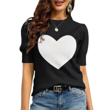 Womens Puff Short Sleeve Sweater Casual Summer Crew Neck Pullover Tops Ribbed Knit Sweater Blouse Black L