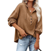 Women'S Button Down Hoodie Button Sweatshirts Tops with Drawstring V Neck Long Sleeve Henley Shirts Khaki S