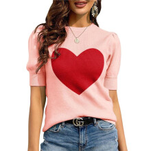 Womens Puff Short Sleeve Sweater Casual Summer Crew Neck Pullover Tops Ribbed Knit Sweater Blouse  S