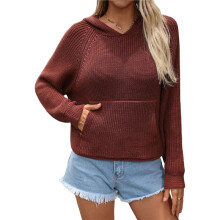 Women'S Cute Star Pattern Pullover Cropped Hoodie Sweater Kangaroo Pocket Knit Jumper Tops Coffee Color S