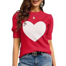 Womens Puff Short Sleeve Sweater Casual Summer Crew Neck Pullover Tops Ribbed Knit Sweater Blouse Red S