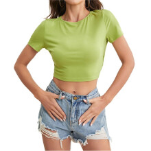 Women'S Summer Short Sleeve Round Neck Crop Tops Solid Color Slim Knit Crop Backless T-Shirts Light Green S