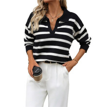 Women'S Striped Sweater Trendy V Neck Long Sleeve Knit Pullover Loose Jumper Tops Knitwear Black M