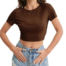 Women'S Summer Short Sleeve Round Neck Crop Tops Solid Color Slim Knit Crop Backless T-Shirts Dark Brown S