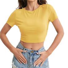 Women'S Summer Short Sleeve Round Neck Crop Tops Solid Color Slim Knit Crop Backless T-Shirts Yellow S