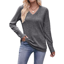 Long Sleeve Shirts for Women V Neck Casual Fall Tops Loose Fit Sweaters Tunic Fashion 2025 Clothes Dark Gray M