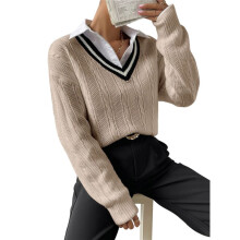 Womens V Neck Oversized Sweaters Long Sleeve Cable Knit Pullover Striped Chunky Sweater Casual Tennis Tunic Tops Khaki M