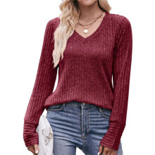 Long Sleeve Shirts for Women V Neck Casual Fall Tops Loose Fit Sweaters Tunic Fashion 2025 Clothes Wine Red L