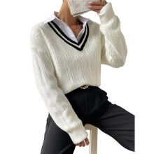 Womens V Neck Oversized Sweaters Long Sleeve Cable Knit Pullover Striped Chunky Sweater Casual Tennis Tunic Tops White M