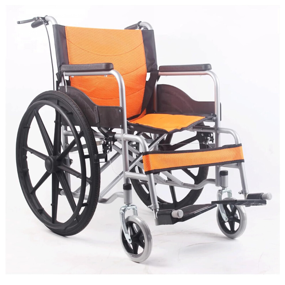 Orange Portable Wheelchair For Adults, Lightweight Folding Transport Chair With Handbrakes And Steel Frame