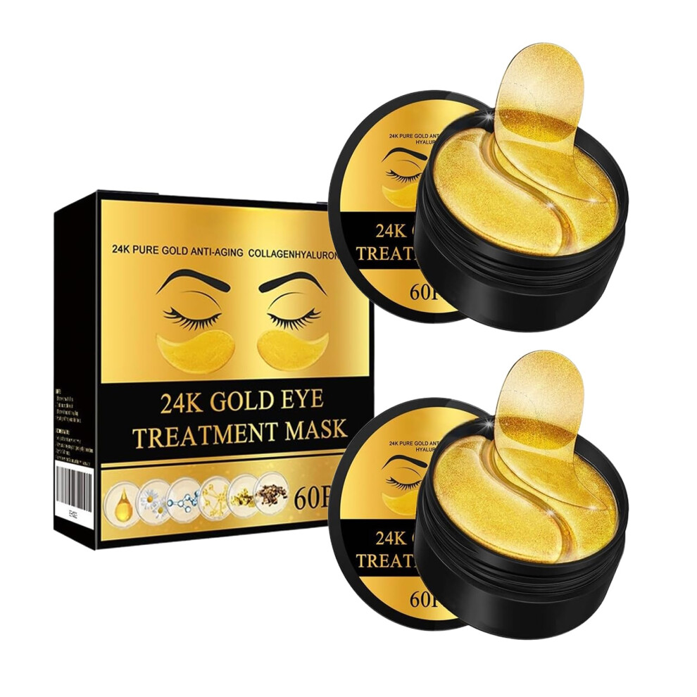 Gold 24K Eye Mask Under Eye Patches With Collagen And Hyaluronic Acid, 60Pcs Antipuff Brightening Treatment